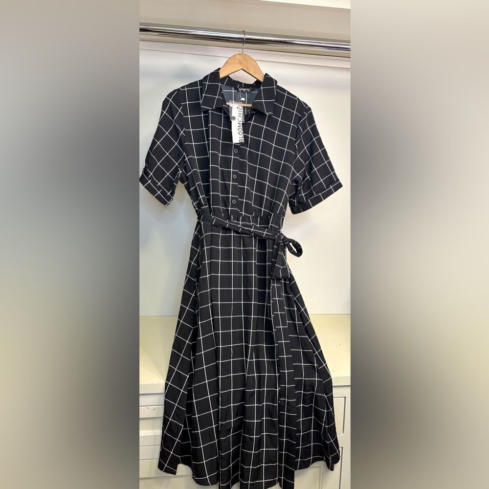 NWT BloomChic Black Windowpane Midi Shirt Dress with Tie Waist - Picture 3 of 5